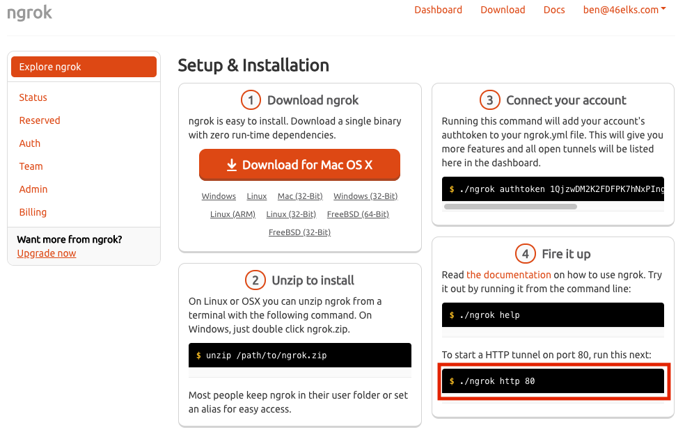 This is what the NGROK dashboard looks like on the NGROK website and shows the terminal scripts you need to run