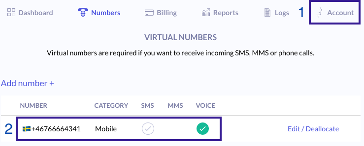 Where to get your voice enabled virtual number in your acccount dashboard